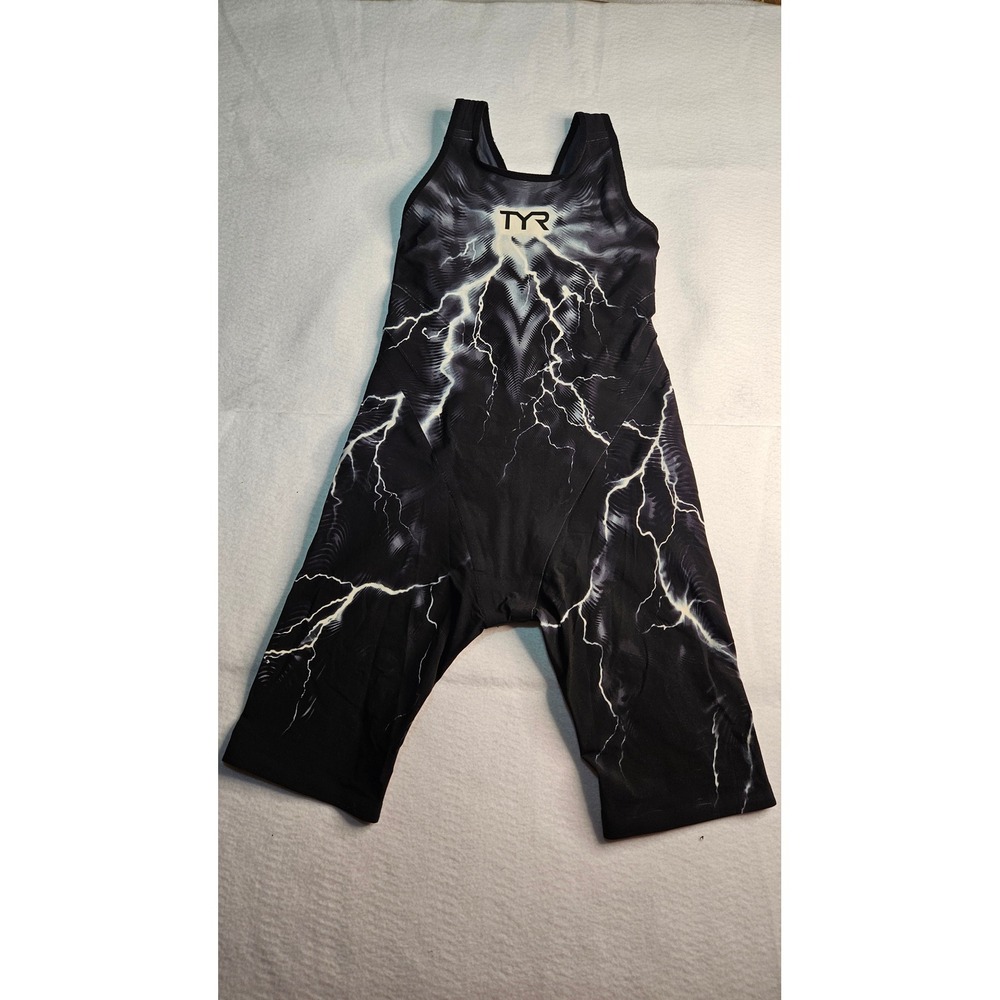 TYR Venzo Phantom Open Back Kneeskin Technical Swimsuit Lightning Black White 26